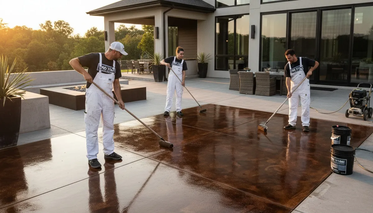 Professional concrete staining on residential garage floor in Fort Wayne, IN by local painting experts