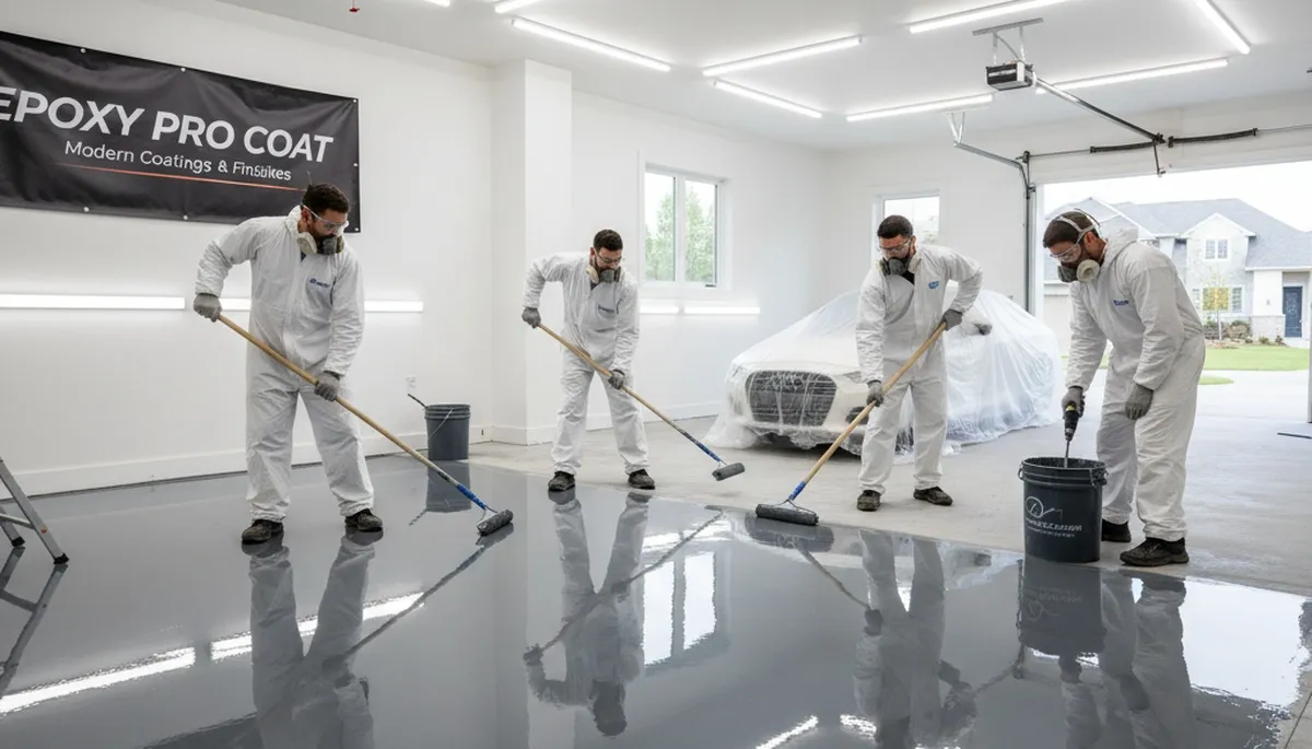 Epoxy floor coating application in Fort Wayne, IN garage by professional house painters