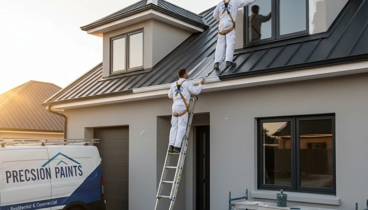 Professional trim and fascia painting on Fort Wayne IN home exterior by expert house painters